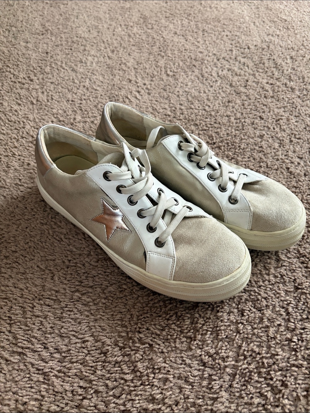 Cream Suede Low-Top Sneakers with Rose Gold Star Accent